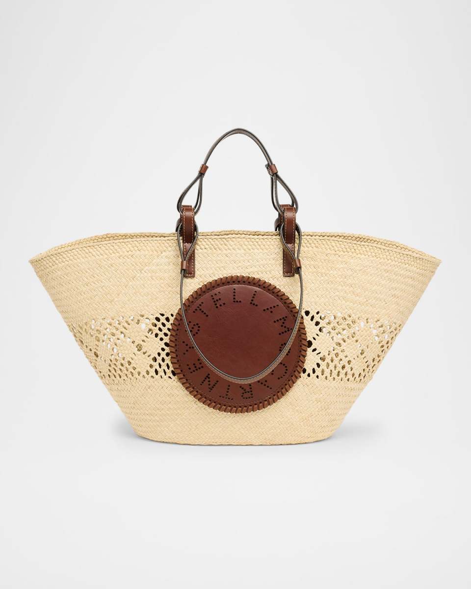 Small Logo Raffia Basket Tote Bag